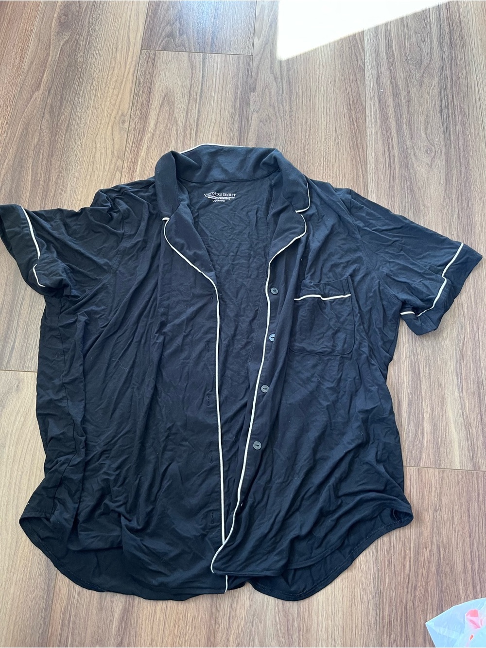 Victoria's Secret Black Short-Sleeve Button Shirt with White Piping